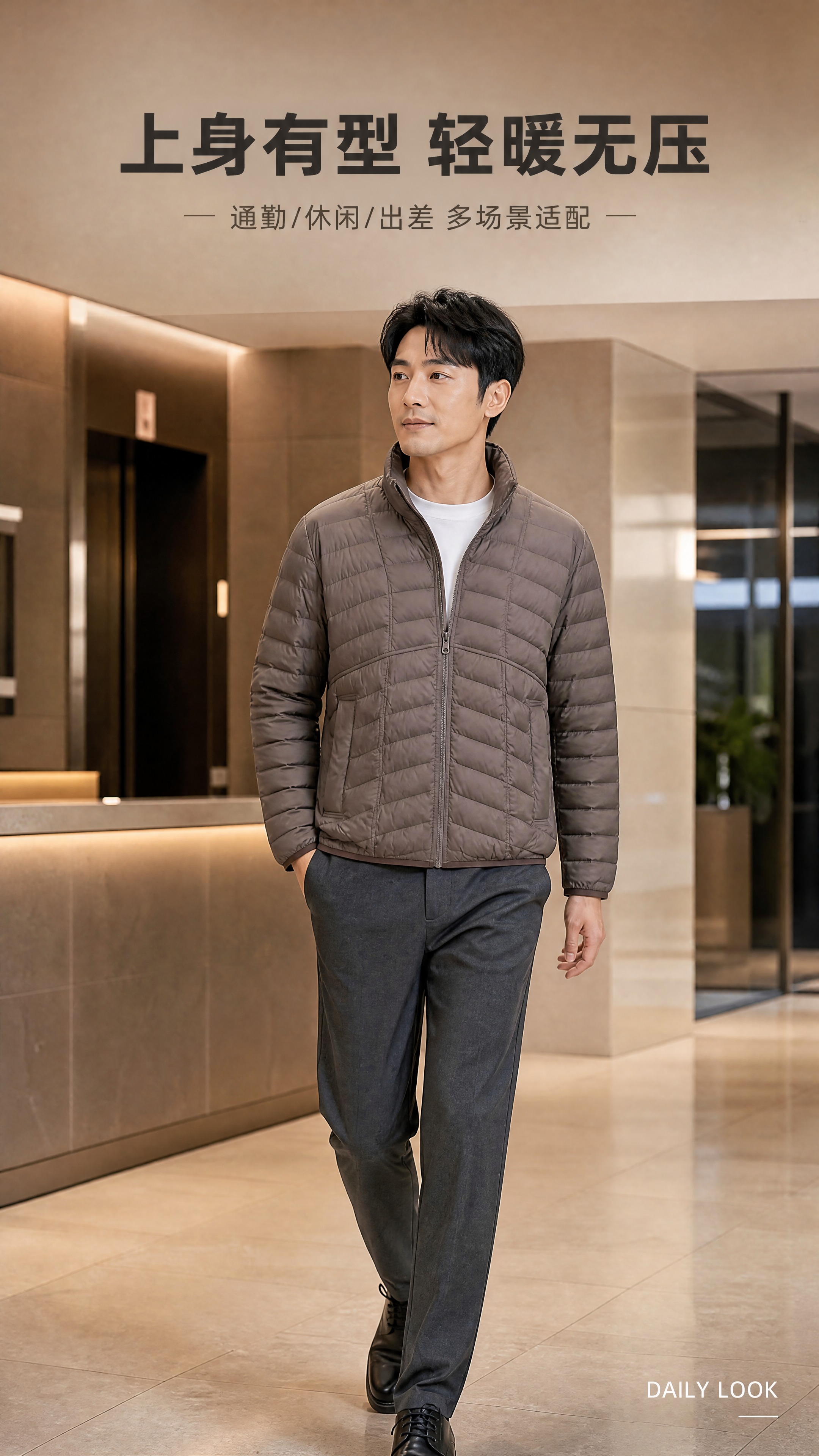 [商品] 使用【图1】咖色男士轻薄立领羽绒服；商品处理：保留立… - 图片创意预览