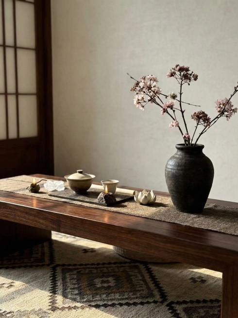 保持图中深色粗陶花瓶、樱花枝、粗陶盖碗、粗陶品茗杯、玉兰花摆件、蜡烛、烛台、粗麻布茶席这些主体组件的物理结构不变，生成新中式侘寂风茶席场景图，东方禅意，质朴自然，极简留白，日式wabi-sabi，治愈预览效果