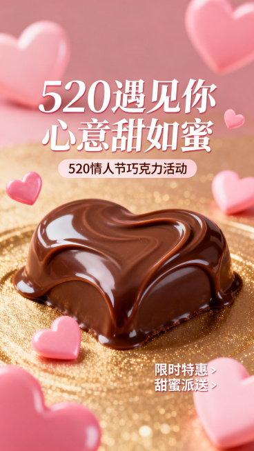 520情人节巧克力活动促销海报，浪漫粉金色调，丝滑巧克力搭配爱心元素，搭配文字“520遇见你 心意甜如蜜”，整体氛围甜蜜温馨，适合电商促销活动预览效果