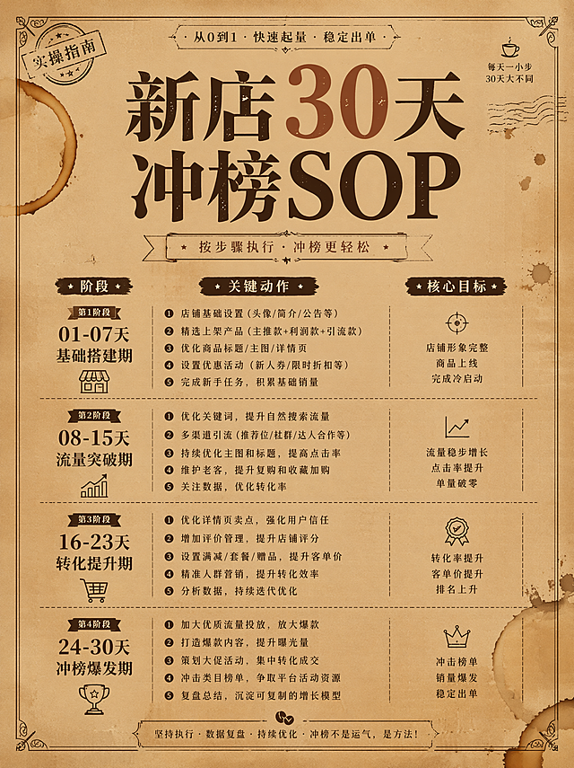 重新生成第四套：咖啡纸质感风，主题「新店30天冲榜SOP」，复古牛皮纸纹理背景，深色复古字体标题，搭配细线框装饰，角落加咖啡渍纹理点缀，做旧质感有设计感，3:4尺寸
