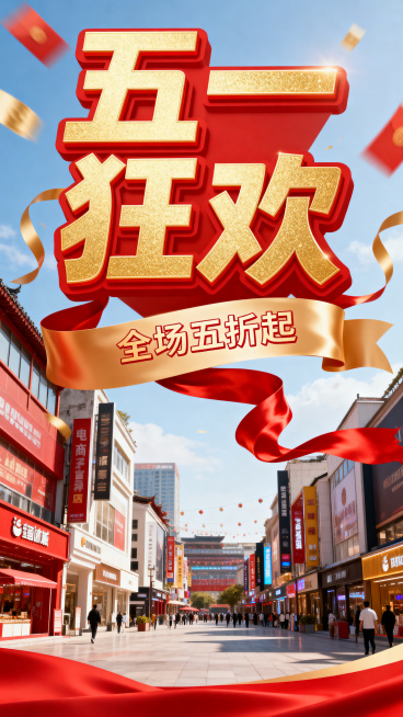 五一劳动节电商促销海报，整体风格热闹喜庆，以红色和金色为主色调，画面顶部有醒目的艺术字“五一狂欢”，中部有优惠信息“全场五折起”，搭配飘带和绸缎装饰，背景是繁华的商业街区场景，整体构图饱满，符合电商宣预览效果
