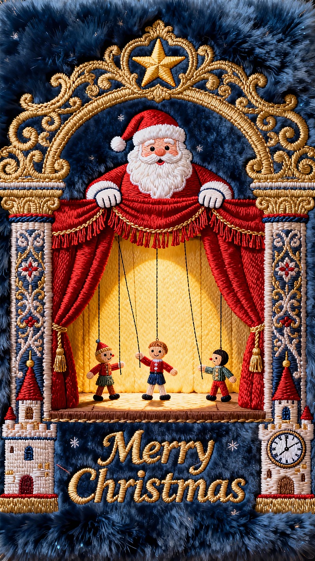 特写圣诞老人在舞台背后上方双手拉开红色的舞台幕布，幕布后是木偶戏，舞台顶部是金色雕花装饰，中心嵌有一颗大星星，搭配红色带流苏的幕布，两侧柱子饰有复古花纹，融入了城堡塔楼、时钟，舞台中央暖黄色光区中，“Merry Christmas”艺术字醒目亮眼，整体以金色、红色为主色调，搭配深蓝色背景。