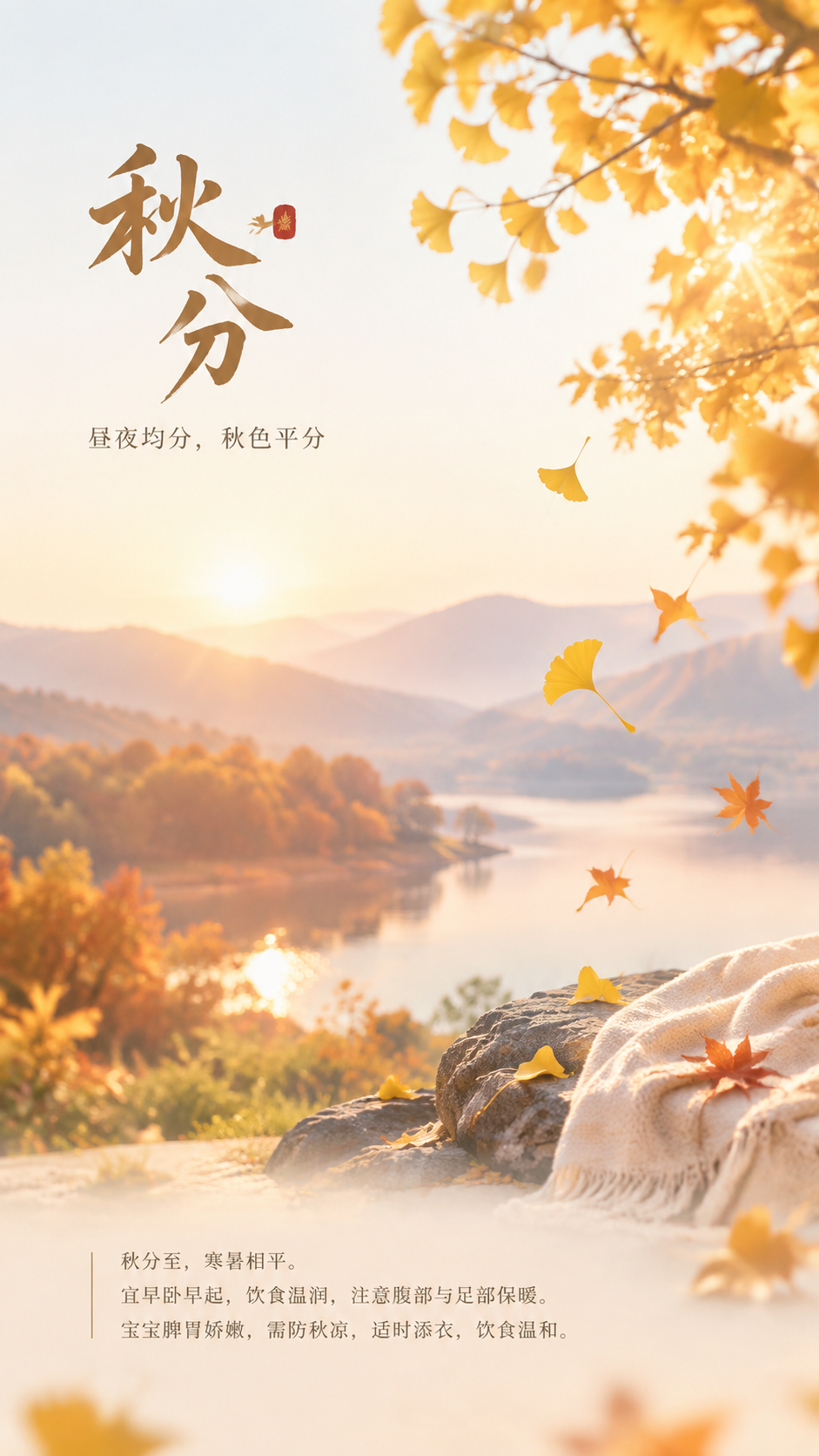 秋分节气意境海报，产康中心主题，舒展宁静风格。画面主体：秋日清… - 图片创意预览