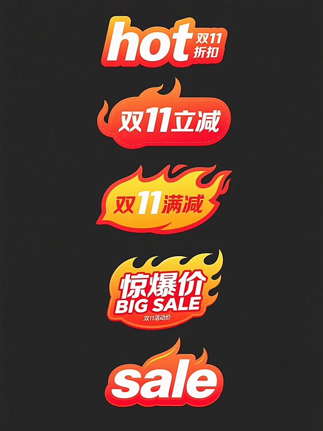 六张促销标签素材规整排布，每张标签为单一纯色背景，标签内包含"hot"、"双11折扣"、"双11立减"、"双11满减"、"双11活动价"、"sale"文案元素，标签设计风格类似火焰造型的"惊爆价 BIG SALE"标志，采用红黄渐变色彩搭配，具有鲜明促销氛围，视觉层级清晰，信息传达直接高效，适合双11促销活动使用