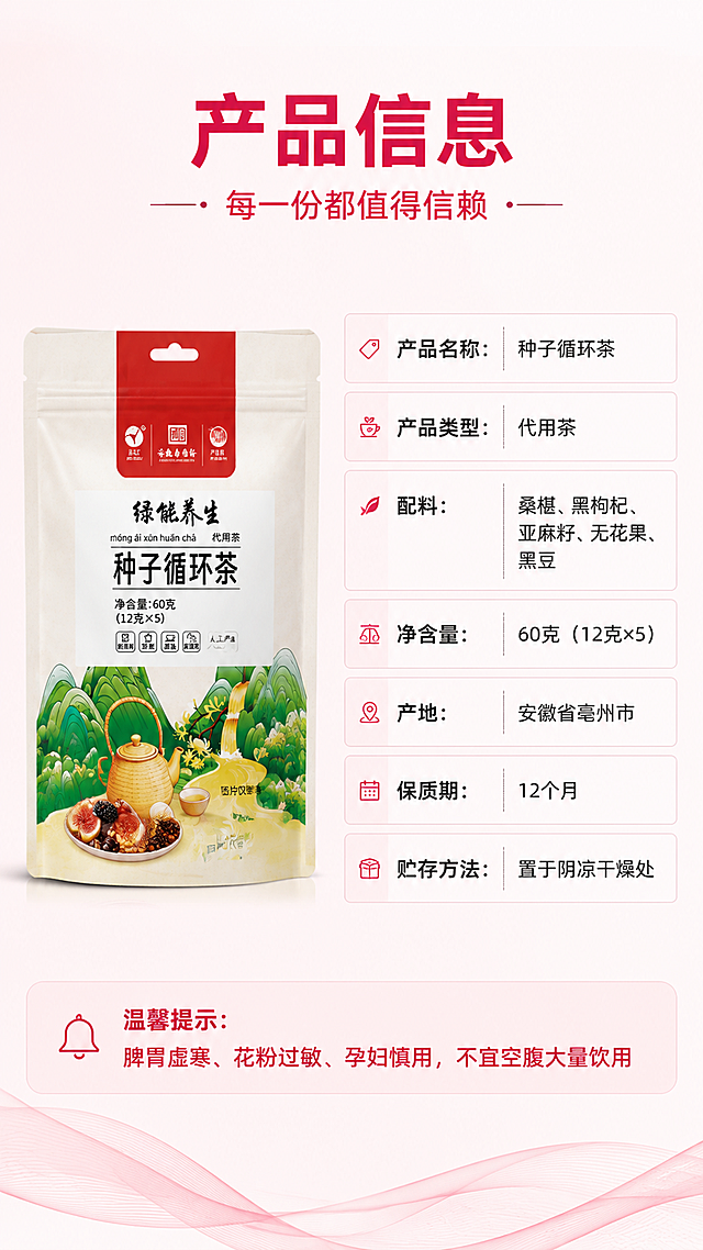[第8屏修正版] 规格参数与产品信息-配料净含量产地等完整信息收尾。本屏使用【图4】作为产品包装展示，保留产品包装袋真实外观；修正所有文字错误，确保文字准确无误，移除错误印章元素。
[氛围/风格] 简洁可信风，浅粉白底，干净规整，商业参数页质感，信息清晰。
[元素布局] 左侧为产品包装袋立放展示，占比约35%；右侧为产品信息参数表，规整排列；背景为浅粉白渐变+底部柔和装饰线条；产品外观、颜色、包装文字与输入图一致；底部有温馨提示区；无任何错误印章或错字元素。
[光影质感] 正面柔光照明，产品清晰立体，参数区干净明亮，整体规整专业。
[配色色系] 全局底色 #FFF5F7 浅粉白；主色玫红 #C2185B；辅助色深灰 #424242、浅灰卡片底 #FAFAFA。
[视角构图] 左右分栏，左产品右参数，阅读动线从上到下逐条阅读。
[文字版式] 顶部主标题「产品信息」，副标题「每一份都值得信赖」；参数表内容：「产品名称：种子循环茶」「产品类型：代用茶」「配料：桑椹、黑枸杞、亚麻籽、无花果、黑豆」「净含量：60克（12克×5）」「产地：安徽省亳州市」「保质期：12个月」「贮存方法：置于阴凉干燥处」；底部温馨提示框：「温馨提示：脾胃虚寒、花粉过敏、孕妇慎用，不宜空腹大量饮用」；圆润黑体字，主标题玫红色，参数文字深灰色，提示框浅红底深红字。所有文字必须准确无误，无错字乱码。
[比例分辨率] 9:16 竖版比例，4K分辨率，文字清晰可辨。
[负向提示词] 产品变形，包装文字错乱，错字，印章，二维码，条形码，水印，文字过小，信息错误，平台logo。