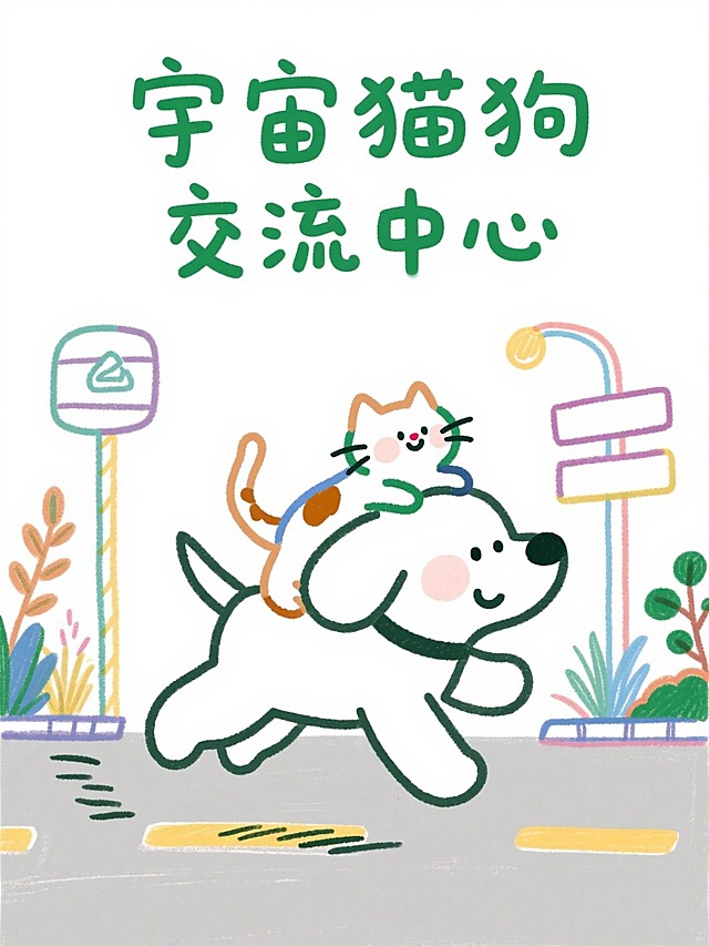 手绘简笔画治愈系插画风格，富有童趣，笔触简单，颜色丰富，有线条感，狗驮着猫飞奔，圆润简笔，Q 版主体，背景是线条手绘路牌、植物，顶部双层排版草绿色儿童手写大文字“宇宙猫狗交流中心”，轻松治愈氛围。