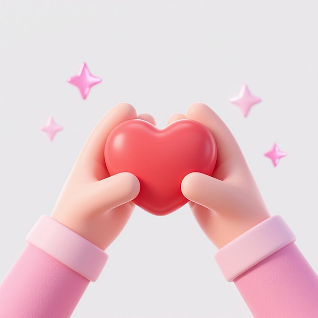 3D卡通风格，两只穿着粉色长袖、袖口为浅粉色的手，呈心形手势捧着一颗红色的心，背景为纯白色，周围点缀着几个粉色的四角星形闪光元素，整体画面简洁明快、温馨可爱，充满治愈感，光影柔和，物体边缘圆润，色彩鲜明且和谐统一。