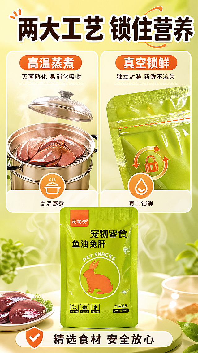 [商品] 使用【图1】爱宠安鱼油兔肝宠物零食绿色包装袋；保留包装外观、颜色、Logo、文字和图案；清晰化包装上的三个工艺图标（精选食材、高温蒸煮、真空锁鲜）。
[画面] 目标：工艺品质展示，突出高温蒸煮+真空锁鲜两大工艺，强调安全卫生与营养保留。构图：上中下三段式，上段大标题占20%，中段左右分栏展示两大工艺各占40%，下段产品展示占25%；左侧为高温蒸煮示意：冒着热气的蒸煮锅+兔肝在里面的插画感场景；右侧为真空锁鲜示意：真空包装袋密封特写+锁鲜箭头图标；底部居中放产品包装袋正面展示；背景为暖绿色渐变+蒸汽光效；3层视觉：前景工艺图标、中景工艺场景+产品、后景渐变背景。
[视觉] 套系策略：风格=拼多多接地气促销风+宠物零食温馨食欲感；标题字=粗黑圆润卡通体，厚重醒目；正文字=简洁无衬线黑体；主色=鲜亮草绿+暖橙黄；背景延展=基于暖橙黄做深浅渐变、放射光效和细腻柔光质感；强调色=橙红色，仅用于小面积标签、图标和价格标点缀；标题色=深棕黑，加轻微白色描边增强醒目度；正文色=深咖啡色；组件=圆角白底信息卡、橙色胶囊标签、虚线引线；光影=均匀暖柔光，干净明亮。
[文字] 顶部主标题"两大工艺 锁住营养"；左侧栏标题"高温蒸煮"+说明"灭菌熟化 易消化吸收"；右侧栏标题"真空锁鲜"+说明"独立封装 新鲜不流失"；底部加一行"精选食材 安全放心"；所有文字横排，字号适中手机端清晰可读。
[规格] 图片比例9:16竖版，4K，避免变形、错字、文字过小、冷蓝灰背景、包装失真、极限词。