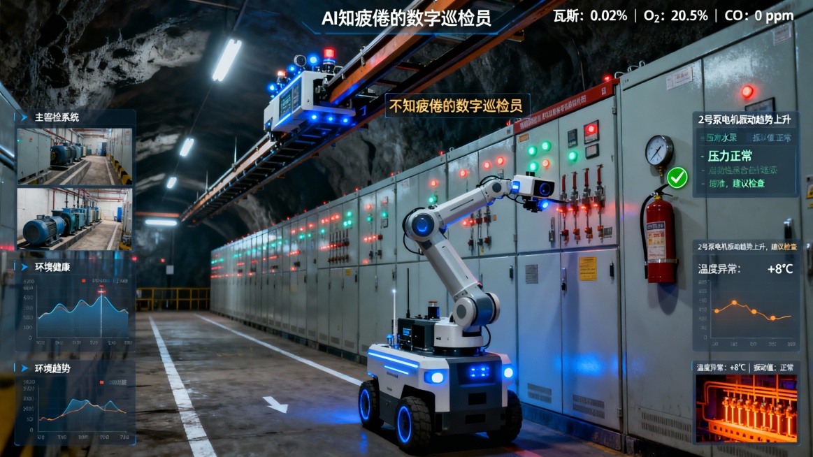 画面以煤矿井下中央变电所或主排水泵房为背景，呈现洁净、规整的工业环境。防爆电气设备整齐排列，指示灯规律闪烁，地面标线清晰。环境光线以设备自带照明为主，整体氛围静谧而专注。

场景核心是一台部署在天花板预览效果