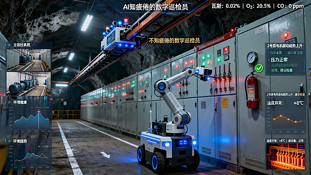 画面以煤矿井下中央变电所或主排水泵房为背景，呈现洁净、规整的工业环境。防爆电气设备整齐排列，指示灯规律闪烁，地面标线清晰。环境光线以设备自带照明为主，整体氛围静谧而专注。

场景核心是一台部署在天花板轨道上的AI智能巡检机器人。其机身集成可见光摄像头、热成像仪与多类传感器，正沿预设路径平稳移动，蓝色工作指示灯规律闪烁。

系统正同步进行多维度自动化巡检：

设备状态监测：机械臂末端的传感器正贴近一台高压开关柜，热成像视图显示其接线端子处有微弱的橙红色温升，数据面板实时显示“温度异常：+8°C | 振动值：正常”。

环境参数采集：机器人顶部传感器阵列正采集空气数据，监控屏一角滚动更新：“瓦斯：0.02% | O₂：20.5% | CO：0 ppm”。

安全设施核验：机械臂的视觉传感器正对准墙上的灭火器，识别其压力表指针位置，绿色勾号标记显示“压力正常”。

数据流与预警：巷道壁上的主监控屏分区域显示：实时视频流、设备健康曲线、环境趋势图。一条预警信息刚弹出：“2号泵电机振动趋势上升，建议检查”。

整体氛围在设备低鸣中凸显系统性的周密与高效。科技感精炼地体现在多传感器融合、自动路径规划与清晰的数据可视化界面上。风格为高度写实的煤矿工业场景，强调AI巡检系统如何作为一位“不知疲倦的数字巡检员”，通过多模态感知与自动化作业，将传统依赖人力的离散检查，转化为连续、精准、可预测的数字化监护闭环，筑牢关键岗位的设备与环境安全防线。