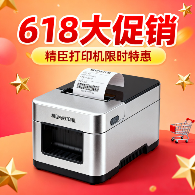618促销主题的精臣标签打印机宣传图，电商促销风格，画面突出精臣打印机，带有醒目的'618大促销'促销文案，色彩鲜艳热闹，吸引消费者关注预览效果