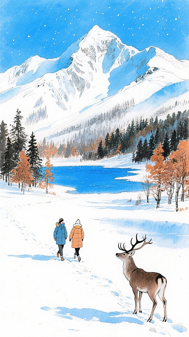 背景是巍峨的雪山，积雪覆盖的山峰出现在淡蓝色星空下，中景是一汪湛蓝的湖泊，周围环绕着茂密的森林，部分树木呈现出橙棕色，前景有一对穿着冬装的行人在雪地上漫步，右下角有一头麋鹿。