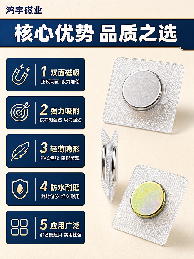 [商品] 使用【图3】【图6】PVC双面磁产品；保留透明PVC方形包胶底座、中间圆形银色磁铁的双面磁结构和外观；精修增强金属光泽和PVC通透度，突出双面磁铁结构。
[画面] 页面目标：核心卖点总览，5大核心优势清晰呈现，突出双面磁特点。左右分栏构图，左侧为卖点文字区，右侧为产品展示区。右侧展示3枚PVC双面磁产品，其中一枚侧立展示双面磁铁厚度结构，另外两枚正面展示（金银各一），错落摆放。左侧5个深蓝色圆角信息卡竖向排列，每个卡片配一个浅金色图标和卖点文字。背景为浅米色渐变，顶部有深蓝色标题条。左上角文字"鸿宇磁业"。
[视觉] 套系策略：风格=蓝金工业品质风，源头工厂专业感；标题字=现代粗黑体，厚重有力；正文字=简洁无衬线体；主色=深蓝色+米金色；背景延展=浅米色渐变底，带细微颗粒质感；强调色=浅金色，用于图标和重点标注；标题色=深蓝色；正文色=深灰色；组件=深蓝色圆角信息卡、浅金色线性图标；光影=均匀柔光，产品清晰立体，双面结构展示清楚。
[文字] 顶部深蓝色条白字写"核心优势 品质之选"。左侧5个卖点卡：1.双面磁吸 正反两面 吸力加倍；2.强力吸附 钕铁硼强磁 吸力强劲；3.轻薄隐形 PVC包胶 隐形美观；4.防水耐磨 密封包胶 经久耐用；5.应用广泛 多场景适用 实用性强。每个卖点卡配一个对应浅金色线性图标。文字全部横排，字号保证手机端可读。
[规格] 图片比例3:4竖版，2K分辨率，避免变形、错字、文字过小、产品结构失真、悬浮感、水印、平台Logo。