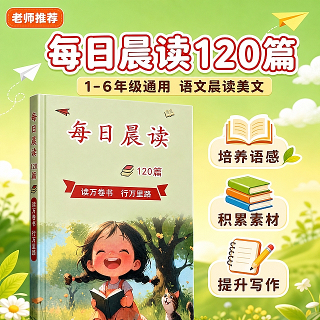 [主图-1] 主题与核心价值吸睛首图，展示每日晨读120篇书籍，突出适合1-6年级小学生的语文晨读读物核心价值。
[统一基调] 拼多多风格，大字直白、活泼童趣、性价比感强；整体配色以清新草绿+暖橙黄为主，标题字用白色粗体带红色描边，辅助字用深棕色，强调色为橙红色；字体为圆润可爱的粗体卡通字，字号层级分明；卡片为圆角矩形带浅阴影，图标为童趣手绘风。
[画面] 书籍《每日晨读120篇》位于画面中央偏左，占画面约55%，正面展示，书脊微微露出，呈现真实3D立体质感，封面图案与输入图一致：浅绿色封面、红色大字标题、小女孩读书插画、小猫、树木草地等元素完整保留。书籍下方有柔和的接触阴影，自然落在画面底部。画面右侧和上方留出充足负空间放置文字。背景为渐变的清新草绿色到浅黄色，点缀几朵小白云和纸飞机小装饰，营造童趣阅读氛围。左上角放一个醒目的橙红色圆角标签。
[光影质感] 柔和自然光从左上方照射，书籍封面有均匀的光泽感，书脊有自然明暗过渡，底部有柔和投影，整体明亮通透，儿童读物温馨质感。
[配色] 主背景草绿渐变到浅黄，标题白色带红边，强调色橙红，辅助文字深棕色，整体清新活泼。
[文字版式] 顶部大标题横排："每日晨读120篇"，白色粗体带红色描边，字号最大；副标题在主标题下方："1-6年级通用 语文晨读美文"，深棕色中号字；左侧橙红色圆角标签内写："老师推荐"，白色小字；底部右侧三个小图标配文字："培养语感""积累素材""提升写作"，每个图标上方是小图标，下方是深棕色小字说明。所有文字放在负空间，不遮挡书籍主体。
[输出要求] 1:1正方形，2048x2048px，文字清晰可读，书籍主体清晰完整，色彩鲜艳有活力，拼多多电商主图风格。负向：变形、错字、模糊、杂乱、水印、平台Logo、书籍图案篡改、封面文字错误。