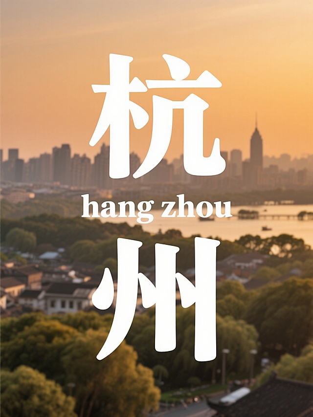 “杭州”二字居中，副标题小字“hang zhou”位于主标题之间，文字为暖色调，背景为杭州照片