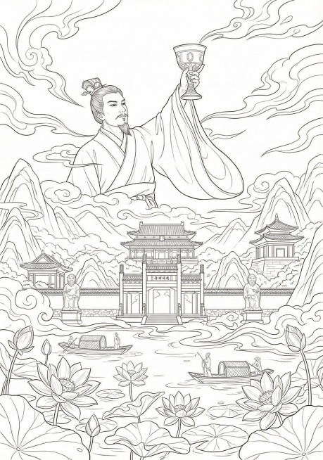 将画面改成嘉靖皇帝举杯与天共饮的画面, 背景是明显陵的建筑, 和钟祥市的山水, 并融进荷花湖构图大气宏伟, 画面优雅美观预览效果