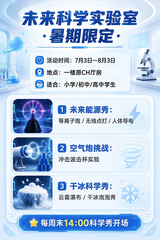 [第7屏] 科学互动体验整体介绍。
[氛围/风格] 未来科技感，清爽明亮，适合青少年科普活动风格。
[元素布局] 顶部大标题，中间活动时间和适合人群，底部列出三大沉浸式体验项目，每个项目配小图标区分。
[光影质感] 科技蓝调柔和光感，整体通透，项目区分清晰。
[配色色系] 全局底色#F0F9FF，主色浅科技蓝，标题深蓝色，文字深灰。
[视角构图] 居中纵向排版，信息分层展示。
[文字版式] 主标题「未来科学实验室 · 暑期限定」，活动信息：「⏰活动时间：7月3日—8月3日 📍地点：一楼原CH厅房 👦适合：小学/初中/高中学生」，三大体验：「1️⃣未来能源秀：等离子炮 / 无线点灯 / 人体导电 2️⃣空气炮挑战：冲击波击杯实验 3️⃣干冰科学秀：云雾瀑布 / 干冰泡泡秀」，项目符号引导，文字清晰，周末科学秀提示「⭐每周末14:00科学秀开场」。
[比例分辨率] 2:3竖版比例，4K分辨率，文字清晰可辨，高清画质。
[负向提示词] 文字错乱，文字过小，水印，颜色偏差，背景杂乱，变形。