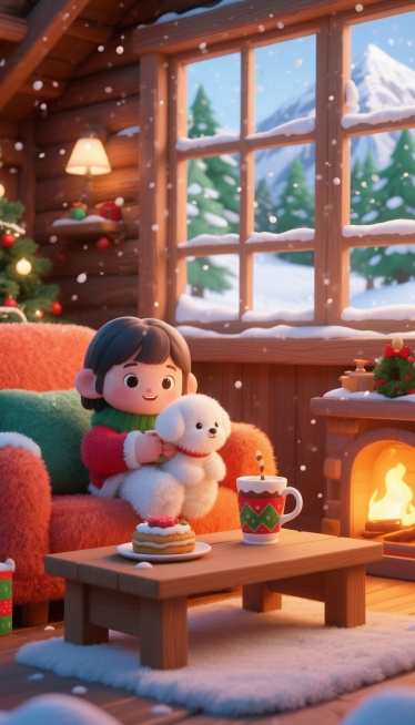 可爱冬日场景，画面焦点是一杯经典露露饮品和搭配点心，饮品和点心身着红绿经典圣诞配色的包装，氤氲着节日暖意。背景是木屋的格窗，窗沿缀着薄雪，细碎雪花正缓缓飘落；窗外，覆雪的绿色山林与巍峨雪山相映，银装素预览效果
