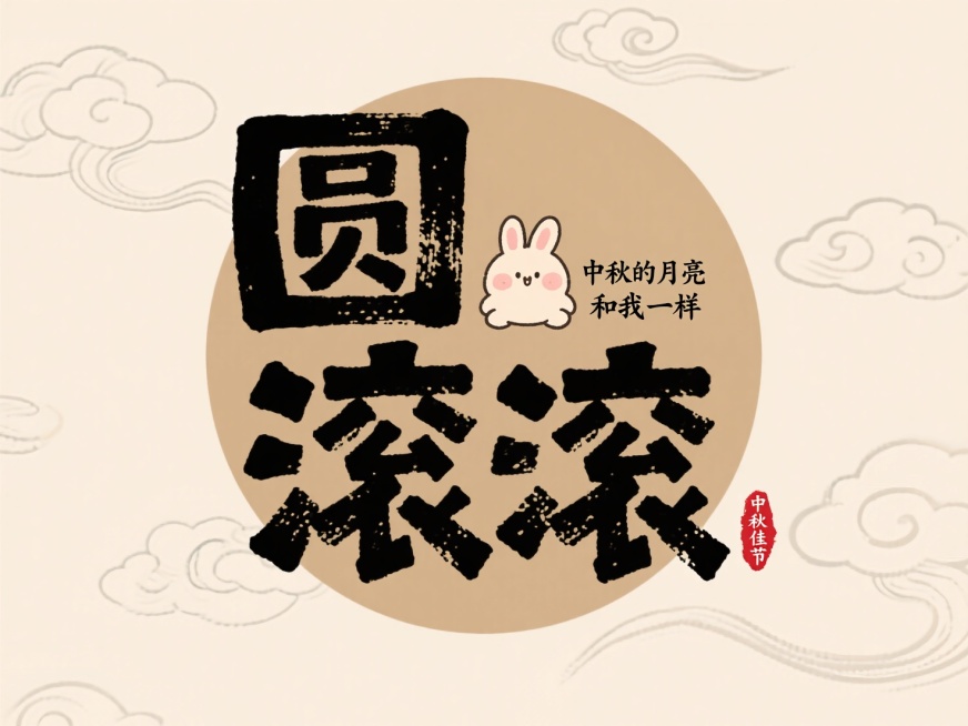 马克笔字体， 大字“圆    滚滚”，两行错排，右边空余位置搭配胖胖的可爱兔子以及楷体小字两行“中秋的月亮 和我一样”，中心浅棕色圆形色块，文字布局紧凑，背景浅米色，点缀少量祥云纹理，红色印章中秋佳节预览效果