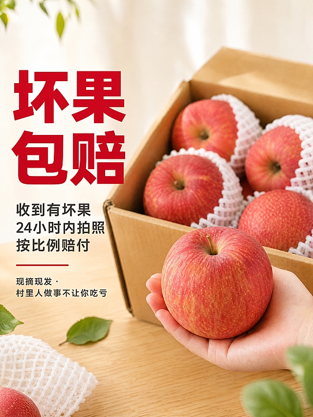 [主图-5 红将军 3:4 售后承诺] 坏果包赔，将1:1扩展为3:4竖版，上下增加内容，真实实拍风。
[视觉套系] 风格=真实实拍+轻度精修排版；标题字=粗黑体厚重有力；正文字=简洁无衬线体；主色=正苹果红；背景延展=浅木色桌面+纸箱暖调；强调色=正红；标题色=正苹果红；正文色=深暖灰；组件=红底白字圆角胶囊标签；光影=自然窗边光，温暖明亮。
[画面] 3:4竖版构图，左文右图布局。右侧约55%是真实实拍画面：浅木色桌面上，打开的纸箱里露出红将军苹果和白色网套，一只手轻轻托着一颗完整的红苹果，温暖实在的感觉。上方扩展更多暖白背景和光线，下方扩展更多桌面细节和散落的网套/叶片，增加竖版纵深感。背景是暖白虚化。真实自然，不过度修图。画面中苹果全部完好新鲜。左侧约45%为文字区。
[文字版式] 左侧文字区从上到下：顶部大标题「坏果包赔」正红粗黑大字；副标题「收到有坏果 24小时内拍照 按比例赔付」深暖灰小字；底部小字「现摘现发 · 村里人做事不让你吃亏」。所有文字左对齐，不遮挡苹果主体。全部横排，清晰可读。
[输出要求] 比例3:4竖版，4K清晰度，真实实拍感，AI感轻。负向：变形、错字、模糊、杂乱、水印、平台Logo、坏果腐烂、官方制服、公章、冷蓝背景、集装箱、过度美化。