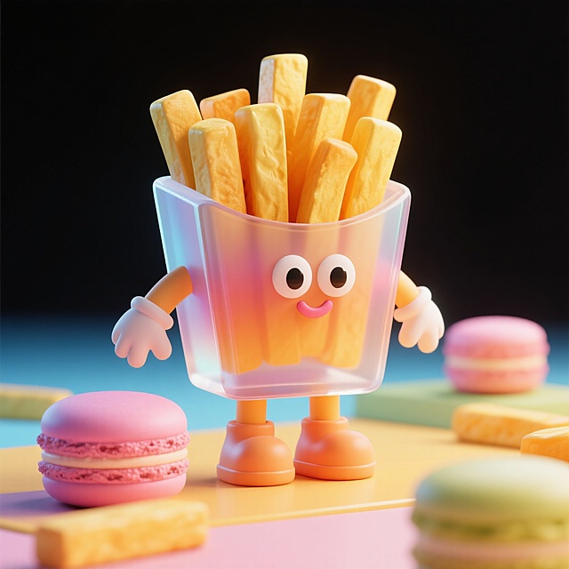 薯条，小眼睛和小嘴巴，有手和脚，可爱风格，渐变半透明材质，磨砂质感，透明亚克力，等距照明马卡龙配色，3D渲染，C4D，干净的背景