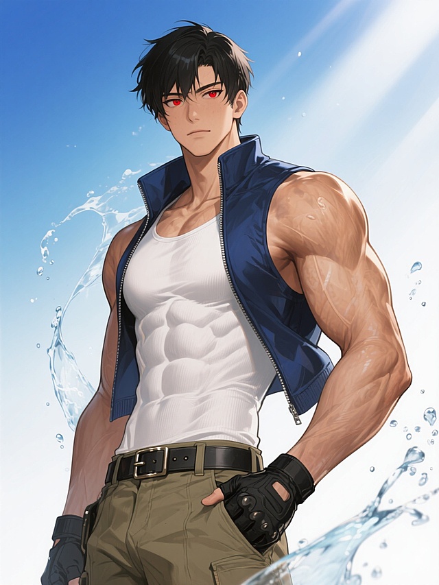 动漫风格男性肌肉角色插画，特写视角，健硕饱满的胸肌与腹肌线条分明，古铜色皮肤泛着水润光泽，黑色短发搭配暗红色眼眸，身着敞开的深蓝色立领夹克露出结实胸膛，白色紧身背心勾勒背部肌肉轮廓，黑色战术手套覆盖左手，右手插在卡其色工装裤口袋中，腰间系着带金属扣的宽腰带，背景是渐变蓝白色调的水花与光效，整体光影对比强烈，肌肉质感通过细腻笔触与高光表现得极具力量感，画面充满动感与张力。