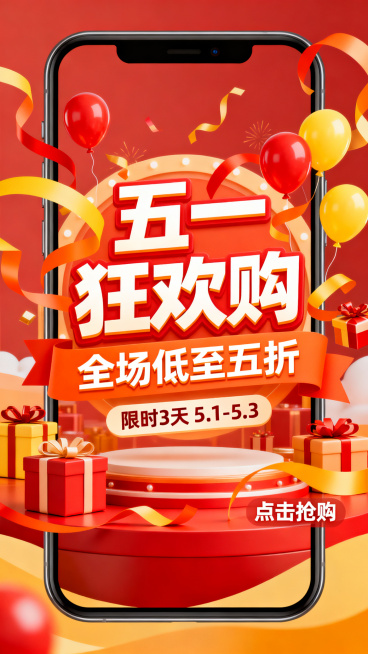 五一劳动节电商促销海报，热闹活力的氛围，整体采用红橙黄节日配色，画面中央突出促销主题，包含文案"五一狂欢购 全场低至五折"，搭配彩带、气球、礼物盒等促销装饰元素，设计醒目吸引眼球，适合手机端展示的竖版预览效果