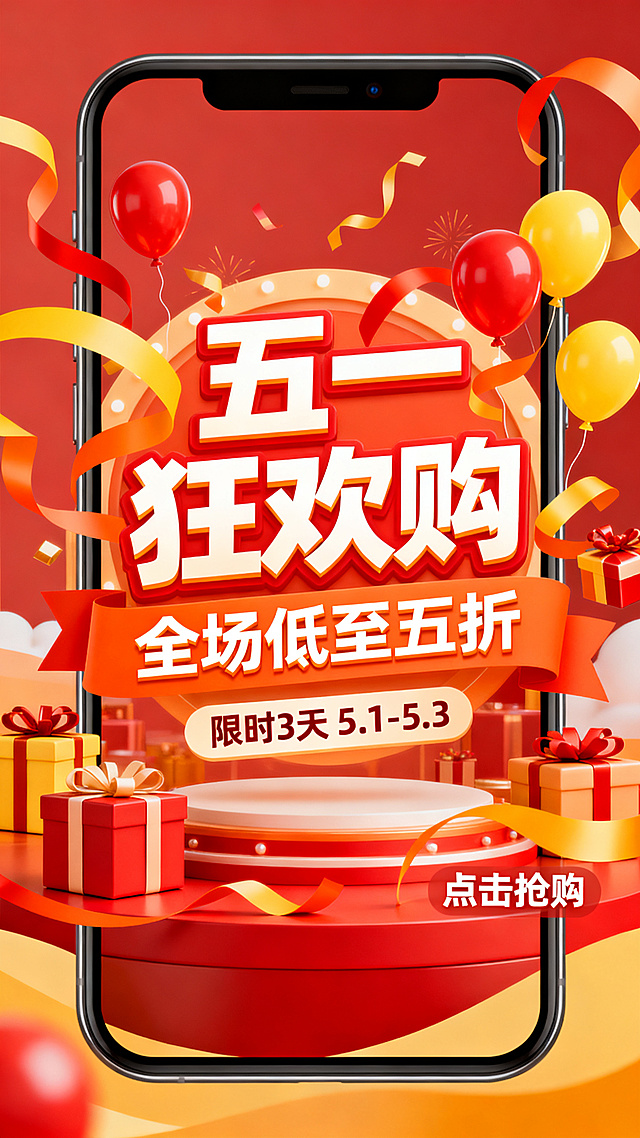 五一劳动节电商促销海报，热闹活力的氛围，整体采用红橙黄节日配色，画面中央突出促销主题，包含文案"五一狂欢购 全场低至五折"，搭配彩带、气球、礼物盒等促销装饰元素，设计醒目吸引眼球，适合手机端展示的竖版海报