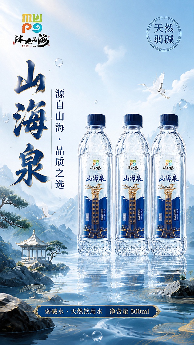 [第1张] 详情页头图-山海泉天然弱碱饮用水品牌宣言海报。本张使用【图1】作为商品主体，保留三瓶矿泉水的产品外观、标签图案与颜色。
[氛围/风格] 中国风国潮高端质感，山水意境与商业摄影结合，大气奢华，淘宝天猫详情页首屏海报风格。
[元素布局] 画面右侧并排陈列三瓶山海泉矿泉水，瓶身结构、蓝色标签、华表柱神兽图案与输入图完全一致，产品占画面约55%；左侧为品牌标题区；背景为淡蓝色天空渐变，远山层叠、云雾缭绕，左下角有中式古典亭台与松树、仙鹤飞翔点缀，水面波光粼粼；金色装饰线条与水波纹元素点缀画面，水珠悬浮增加通透感。
[光影质感] 左上方柔和天光，瓶身通透有高光，水面反光自然，整体明亮清透，层次丰富。
[配色色系] 全局底色 #E8F2FB 浅天蓝渐变；主色深蓝 #0F3D7E；辅助色金色 #C9A962、白色；点缀松绿。
[视角构图] 正面平视，产品为视觉中心，阅读动线左上品牌名 → 右侧产品 → 底部标语。
[文字版式] 左上区域竖排品牌信息。主标题「山海泉」采用传统书法大字，深蓝色带金色描边；副标题「源自山海 · 品质之选」现代宋体排版，位于主标题下方；左上角放置品牌logo「沐山品海」；右上角圆形印章式图标内写「天然弱碱」；底部横向信息条标注「弱碱水 · 天然饮用水 净含量500ml」。文字清晰可读，不遮挡瓶身主体。
[比例分辨率] 9:16 竖版比例，4K 分辨率，文字清晰可辨，高清画质。
[负向提示词] 瓶身变形，标签文字错乱，颜色偏差，水印，文字模糊，产品结构错误，背景杂乱，人物出现。