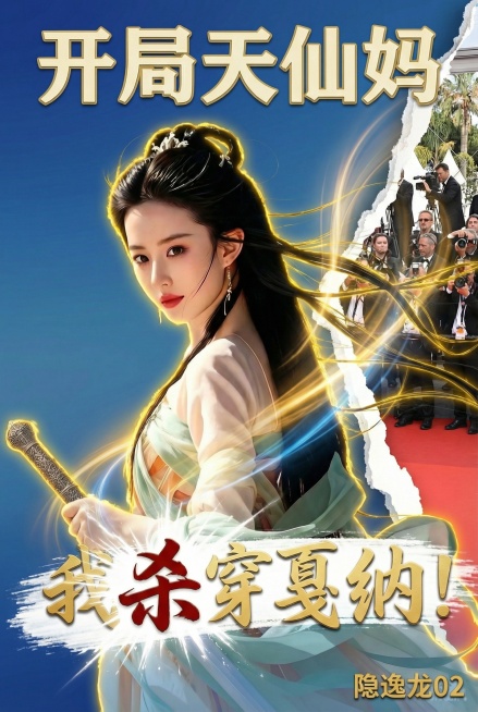 为图片添加#FFD700金色流光，覆盖人物边缘、发丝、剑身；让发丝呈现风吹飞扬的动态，部分延伸到右侧戛纳场景；左侧背景改为深蓝渐变，与右侧红毯形成冷暖对比；强化撕裂线的白色毛边和光晕效果；给“杀”字添预览效果