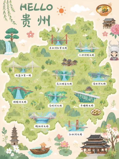参考这张厦门地图插画的扁平卡通手绘风格，生成贵州桥梁地图，准确按照贵州地图的轮廓形状，在地图对应位置标注并绘制花江峡谷大桥，北盘江第一桥，坝陵河大桥，马岭河大桥，平塘特大桥，鸭池河大桥，清水河大桥，红预览效果