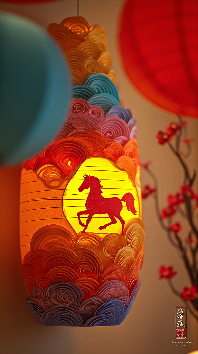 美绝伦的中国传统 3D 立体纸雕灯笼装置，主体，核心视觉焦点：灯笼内一匹奔腾的可爱剪纸小马造型，暖橙色灯笼框架，透出明亮而温暖的黄色光芒，灯笼左侧和底部环绕着层层叠叠的彩色祥云剪纸（包含青色、蓝色、紫色、红色的渐变），形成立体的浮雕效果，干净的米白色纯色背景，右上角有虚化的红色灯笼和一枝梅花作为前景点缀，强调内部光源的背光效果，使剪纸材质呈现出半透明的质感，纸张纹理真实，色彩饱和度高，光影层次丰富