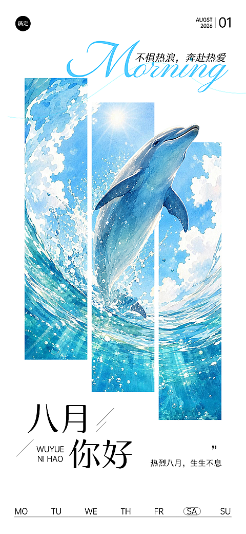 八月你好清爽水彩插画夏日日签海报