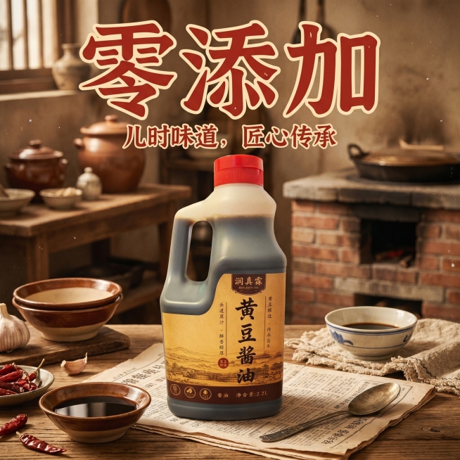 基于这瓶润真霖黄豆酱油生成电商主图，强调儿时回忆氛围，突出零添加文字，零添加字体醒目突出，保留产品主体，整体复古怀旧风格预览效果