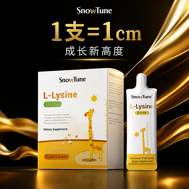产品展示SnowTune L-Lysine成长饮，包含盒装和独立袋装，文案'1支=1cm 成长新高度'，参考图片的构图，黑色背景搭配金色丝绸流动背景，将盒装放在中间，独立袋装放在右侧，色调参考产品本身的白黄金色调，整体突出成长长高的产品概念，1:1正方形构图