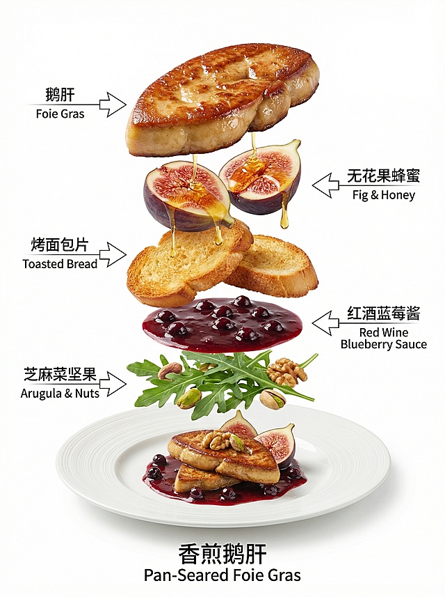 根据下面这段提示词，保持格式不变，生成6张西式餐厅里的美食海报： 高端中式美食海报，解构式佛跳墙，所有元素以45°商业美食摄影视角呈现，纯白色背景，所有食材以多层结构自由漂浮。统一影棚戏剧性光线、统一材质、超逼真、高清。图片尺寸9：16 顶层：鲍鱼与海参，肉质弹牙，色泽鲜亮。 二层：鱼翅与花胶，晶莹剔透，质地软糯。 三层：干贝与香菇，香气浓郁，口感醇厚。 四层：火腿与鸽蛋，色泽红润与乳白，营养丰富。 五层：高汤与绍兴酒，色泽金黄，香气四溢。 底层：精美的炖盅盛放最终成品，食材丰富，汤汁浓稠，氛围奢华。 中英双语箭头标注(左右均匀分布，一左一右错落有致)，白色中英小字标注： 鲍鱼海参 / Abalone & Sea Cucumber 鱼翅花胶 / Shark Fin & Fish Maw 干贝香菇 / Scallop & Mushroom 火腿鸽蛋 / Ham & Pigeon Egg 高汤绍兴酒 / Stock & Shaoxing Wine 佛跳墙 / Buddha Jumps Over the Wall