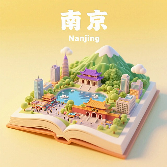一本打开的古代书籍，书是打开的，书上是南京城市景观微缩模型，有南京的紫金山，中山陵，玄武湖，新街口，明故宫，总统府，上方有中文“南京”和英文“Nanjing”，整体画面生动，色调温暖明快，充满活力与朝气，具有梦幻感，背景为浅黄色渐变。