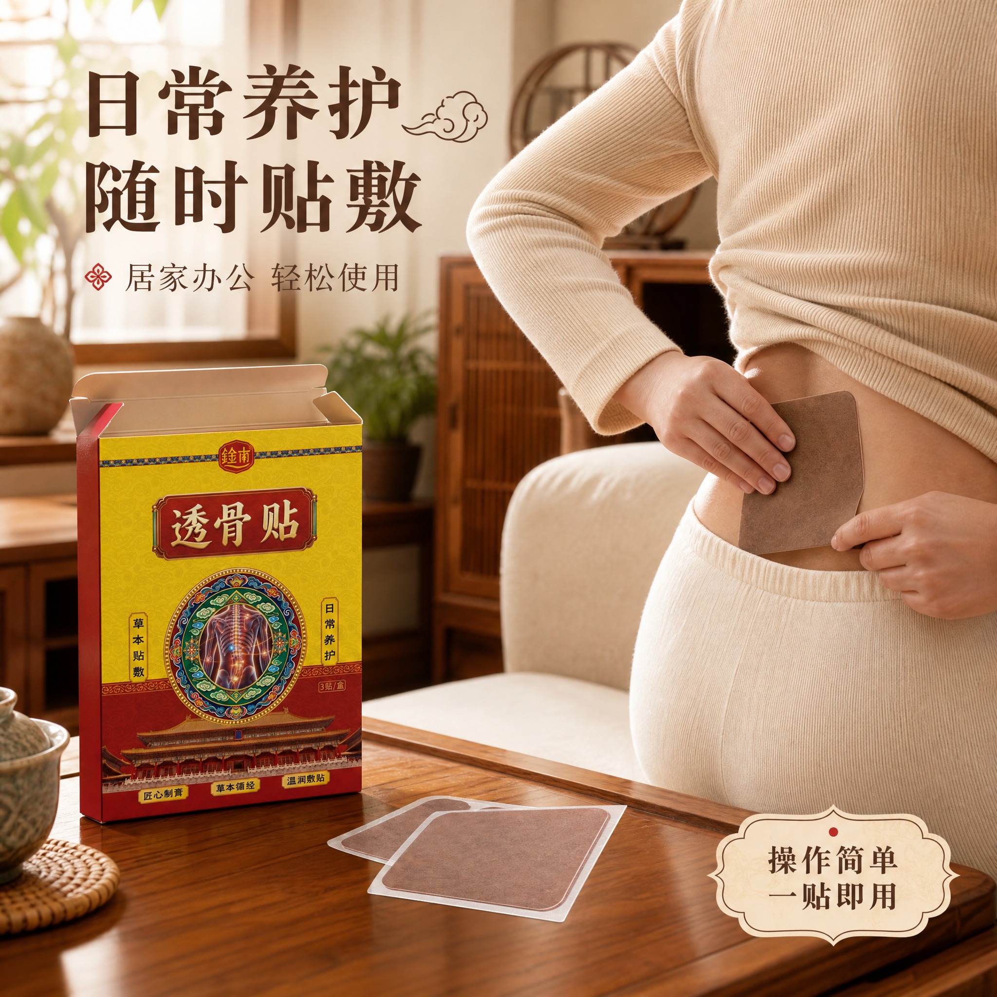 [主图-4] 鈡南透骨贴使用场景图，展示居家日常养护使用状态，… - 图片创意预览