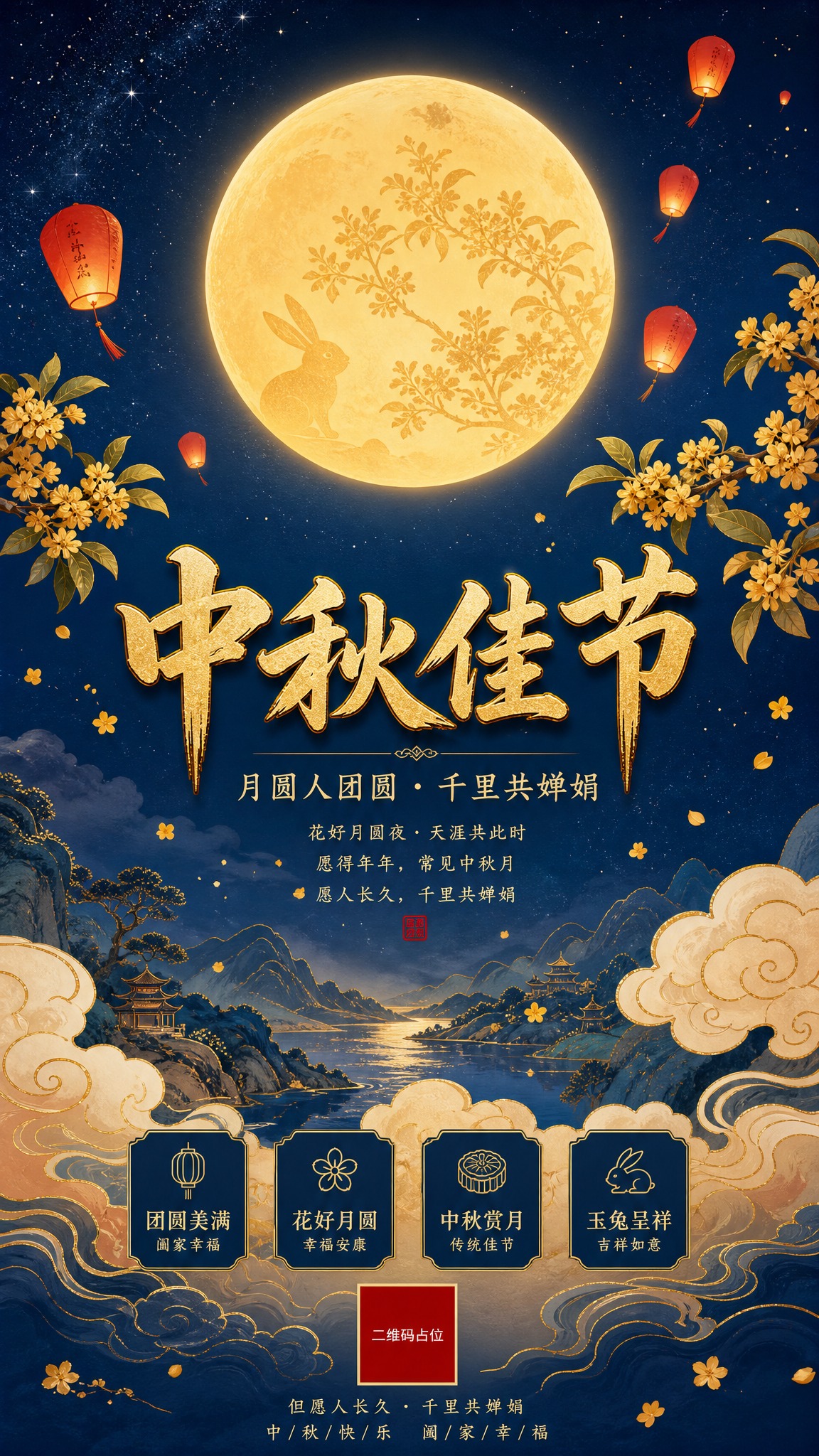 国风新中式工笔风格中秋佳节海报，竖版9:16构图。画面中央偏上… - 图片创意预览