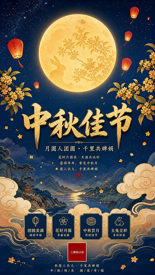 国风新中式工笔风格中秋佳节海报，竖版9:16构图。画面中央偏上位置是一轮硕大圆满的金色明月，月光柔和洒下，月中隐约可见玉兔与桂树剪影。月亮下方是雅致的主标题文字区，主标题"中秋佳节"四个大字采用书法字体，金色描边，端庄大气。副标题"月圆人团圆 · 千里共婵娟"以稍小字号呈现于主标题下方，字体清雅。画面中点缀传统中秋元素：几枝盛开的桂花枝条从画面左右两侧伸入，花瓣轻盈飘落；几只红色孔明灯缓缓升向夜空；底部有祥云纹样与远山淡影。背景为深邃的藏蓝色渐变夜空，点缀细碎星光，整体氛围静谧祥和、诗意盎然。配色以藏蓝、金色、暖黄、朱红为主，传统雅致。版式精美，文字排版居中对称，四周留有舒适边距。画面中所有信息区域必须填充完整合理的内容，不得出现空白框或待填写区域。画面中所有二维码区域使用纯色方块占位符呈现，方块中央标注"二维码占位"文字，严禁生成任何可识别的二维码图案。超高清画质，工笔细腻，意境悠远。