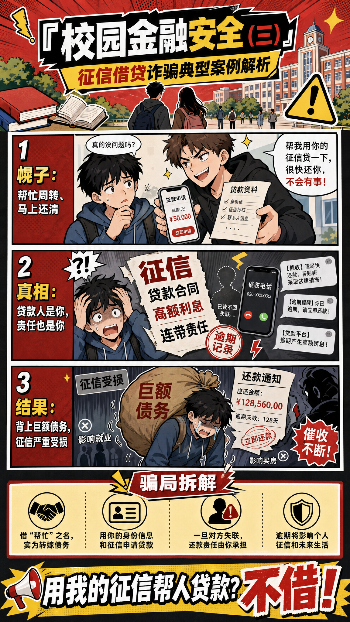 漫画风格微信公众号宣传图，主题为校园金融安全第三期，标题为"校… - 图片创意预览