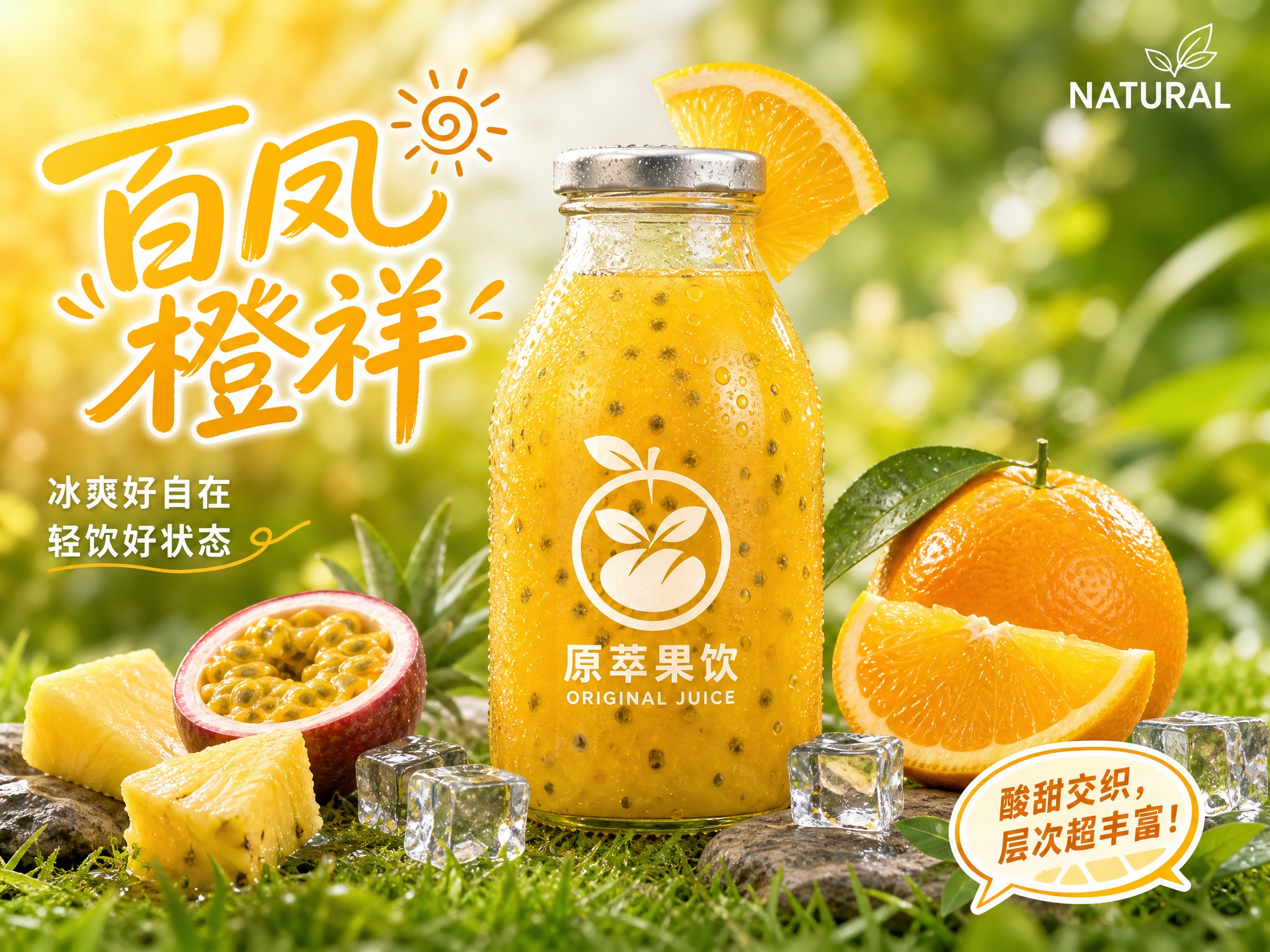 百香果凤梨橙鲜榨果汁广告海报，4:3横版比例。画面中央是一瓶透… - 图片创意预览