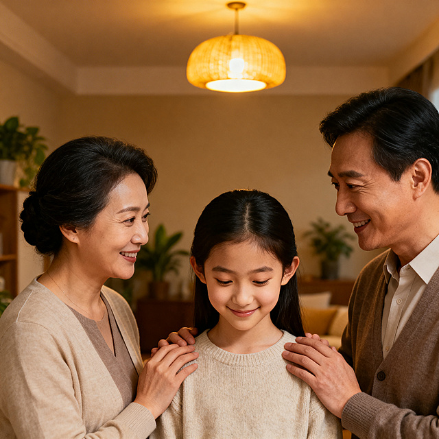 温馨家庭场景，微笑的中国父母陪伴着年轻女孩子，父母正在一起肯定女孩子的努力，画面氛围温暖治愈，不显示任何文字