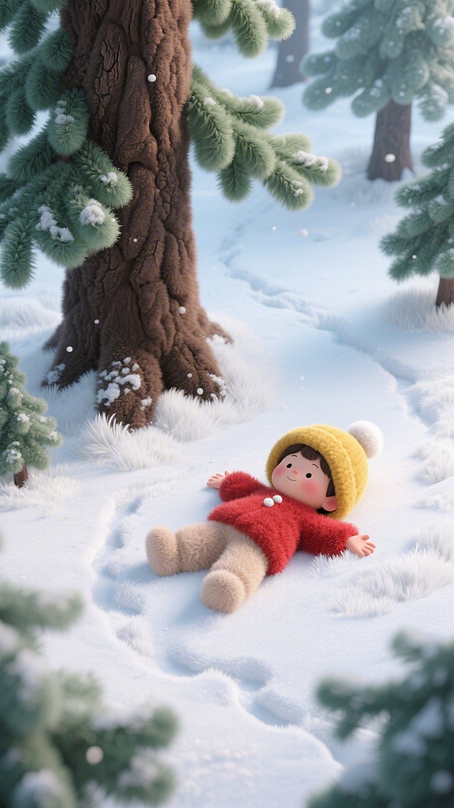 软3D风卡通雪景，可爱孩童仰卧雪地，红衣黄帽，毛茸质感与柔和光影交织，营造梦幻温馨的冬日氛围。