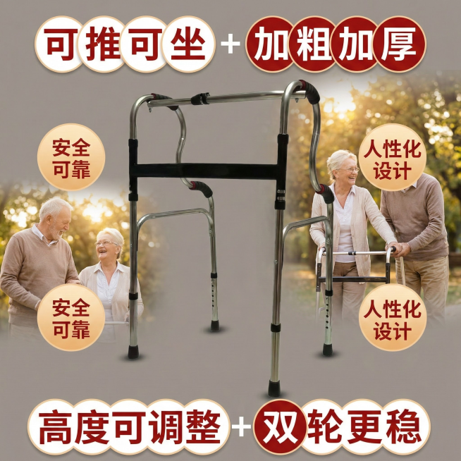 这张图片是产品主体这款产品是助行器  我需要设计20张主图在拼多多上面售卖    可以用 老年人等场景进行主图场景布局设计一个高级主图  一些主图文案内容  厂家直销 可推可坐 加粗加厚 轻便省力 承预览效果