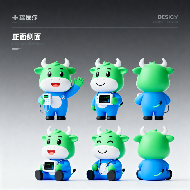 佛山市怡康医疗科技有限公司3D吉祥物，主体是拟人化的牛，主要颜色为绿色和蓝色，设计风格现代简约，充满健康科技感，适合医疗行业品牌。展示多角度、多动作形态，整体造型圆润友好预览效果