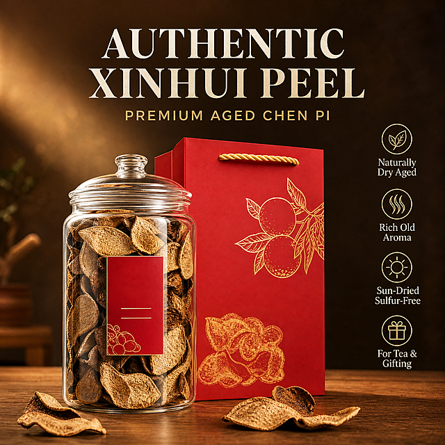 [主图-1] 核心主图，新会陈皮罐装礼盒套装主视觉，主题为Authentic Xinhui Peel。
[统一基调] 跨境Amazon食品风格，暖木色与深棕为主色调，自然暖光，高级质感，英文文案，衬线大标题+无衬线辅助文。
[画面] 画面主体为透明玻璃罐装满新会陈皮，旁边搭配红色礼品袋，两者并排摆放在温暖的木质桌面上，产品正面45度视角，略微仰视，立体感强。玻璃罐为透明带盖玻璃材质，罐内陈皮呈自然棕褐色三瓣状，纹理清晰可见；红色礼品袋为正红色，带有金色绳状提手，袋面有金色柑橘图案。桌面散落2-3片精选陈皮作为点缀，背景为温暖的深棕色渐变虚化背景，营造高端食品氛围。产品组合占画面约65%。
[光影质感] 自然暖光从左上方照射，玻璃罐有通透的高光反射，陈皮表面纹理清晰有质感，红色礼袋有高级哑光质感，底部有自然柔和的接触阴影，整体温暖高级有食欲感。
[配色] 主色调：暖木棕、深褐色、正红色、金色；标题字色：米白色加粗；辅助字色：浅金色。整体温暖厚重，体现高端品质感。
[文字版式] 画面上方居中位置，大标题"AUTHENTIC XINHUI PEEL"，粗衬线字体，米白色；下方一行小字"PREMIUM AGED CHEN PI"，细无衬线字体，浅金色，字号约为标题的40%。画面右侧竖向排列4个卖点图标+文字：1. Naturally Dry Aged 2. Rich Old Aroma 3. Sun-Dried Sulfur-Free 4. For Tea & Gifting。每个卖点配简约线性小图标，文字右对齐，放在负空间不遮挡产品主体。
[输出要求] 1:1正方形，2048x2048像素，产品清晰锐利，文字清晰可读，无变形、错字、模糊、水印、中文文字。负向：中文、水印、边框、人物、产品变形、色差、悬浮、杂乱。