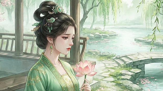 将人物外貌变得成年一点，去掉双马尾，换成古代妃子的发型，表情忧郁流泪，呈现侧脸近景特写