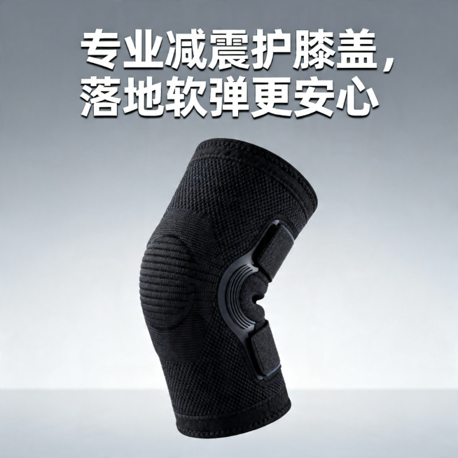 电商主图，产品是专业减震护膝盖，画面展示护膝盖产品，搭配营销文案"专业减震护膝盖，落地软弹更安心"，商业摄影风格，突出产品减震特性，干净高级的电商背景预览效果