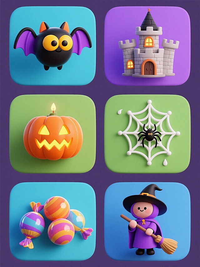 一系列6个软3D风格的万圣节元素图标，每个元素拥有独特的纯色背景，整体色彩明快且风格统一。元素包括：一只黑色身体、紫色内耳、橙黄色大眼睛的卡通蝙蝠；一座带有尖顶塔楼、窗户透出暖光、浅灰色砖石纹理的小型城堡；一张由白色丝线构成、带有水滴状装饰、中心有小蜘蛛的蜘蛛网；一个橙色南瓜灯，带有三角眼睛和锯齿嘴巴，内部烛光呈黄色；几颗包裹着彩色糖纸、带有高光效果的圆形糖果；一个戴着尖顶黑帽、穿着紫色斗篷、手持魔法扫帚的卡通女巫。所有元素造型圆润可爱，具有光滑的材质感和柔和的阴影，呈规整网格排布，每个元素独立在各自的纯色背景中。